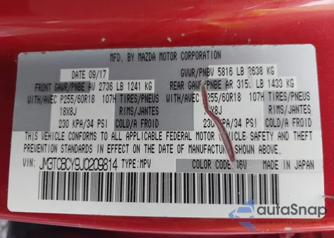 2018 Mazda Cx-9 Touring from USA, damaged, VIN JM3TCBCY9J0209814